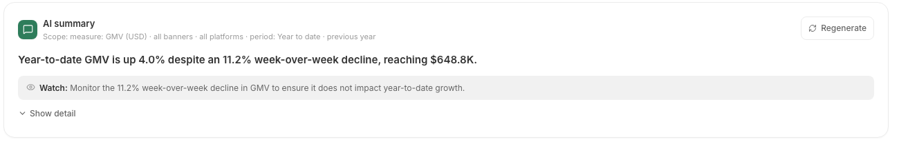 Origin AI summarising year to date GMV in the portal, with the scope it used